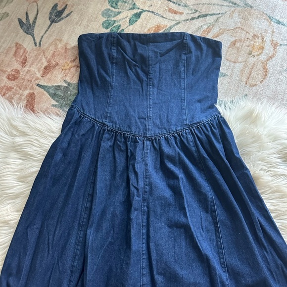 ZARA Strapless Denim Basque Waist Midi Dress - Picture 5 of 7